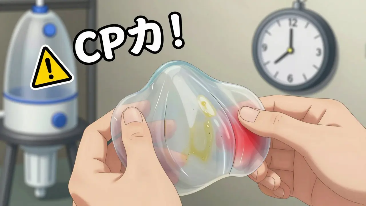 Hands replacing a worn CPAP mask cushion with subtle oil residue, clock indicating 3 months passed.