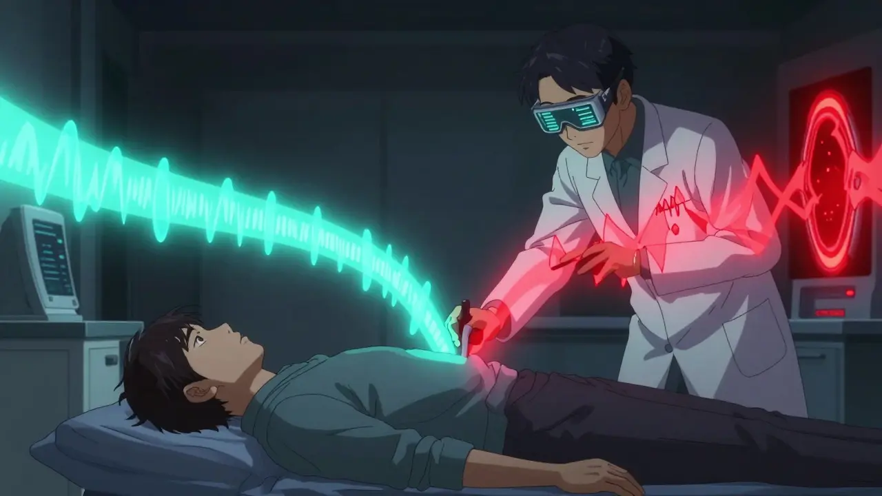 Neurologist performing vertigo test with contrasting brain and ear signal paths.