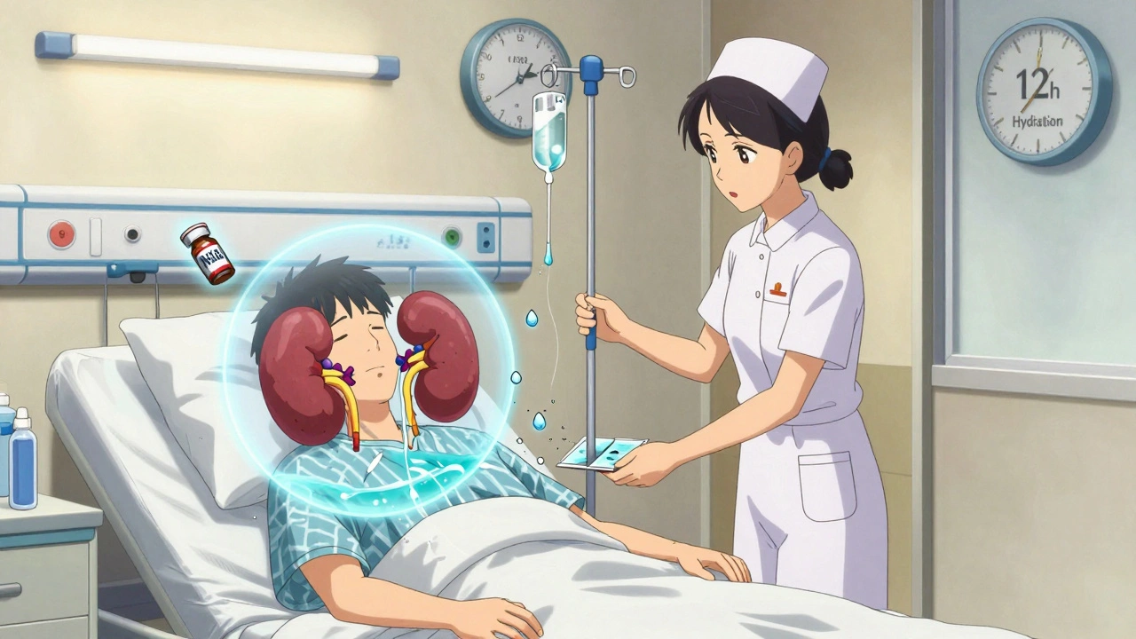 Nurse giving IV fluids to CKD patient as contrast dye dissolves into water droplets and hydration clock ticks above.