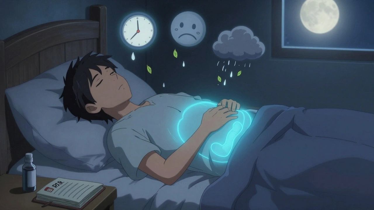 Person at rest with calming gut aura, stress symbols dissolving, in peaceful nighttime scene.