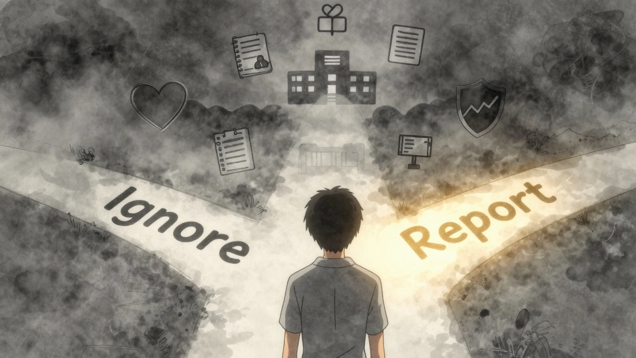 Person choosing to report symptoms as a glowing path leads to a hospital, symbolizing safety.