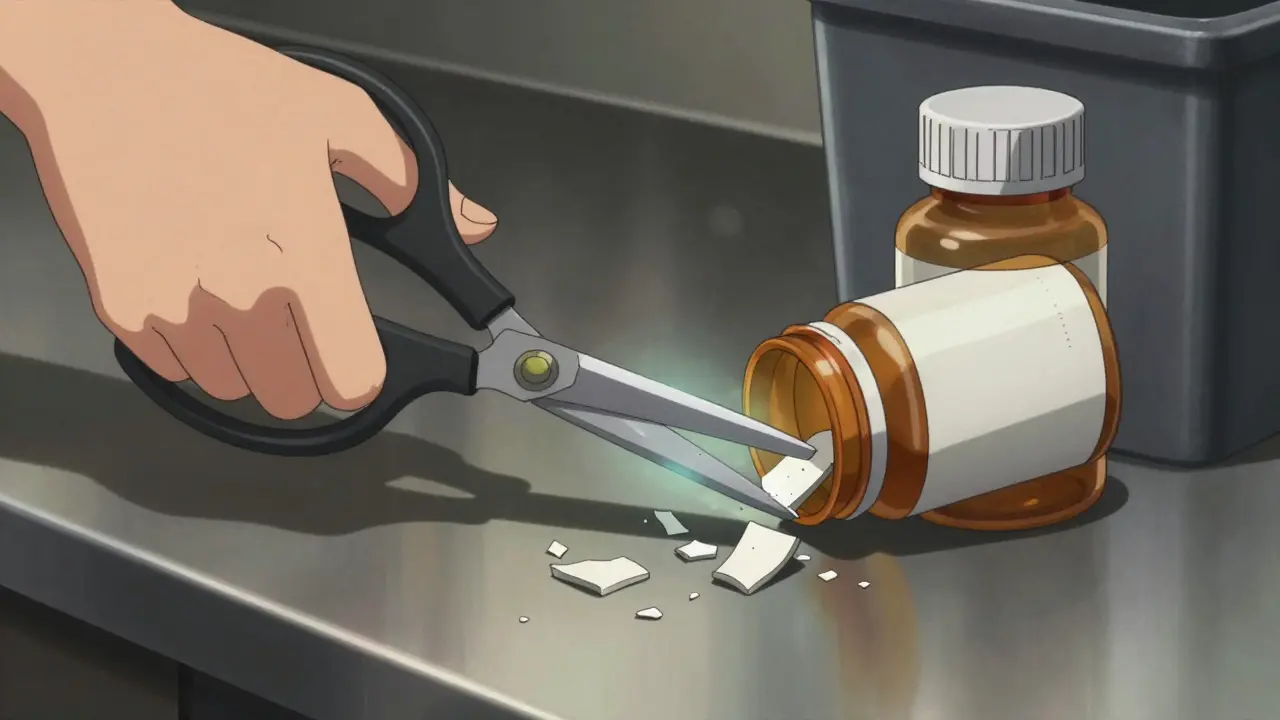 Person cutting an empty medicine bottle into small pieces with scissors.