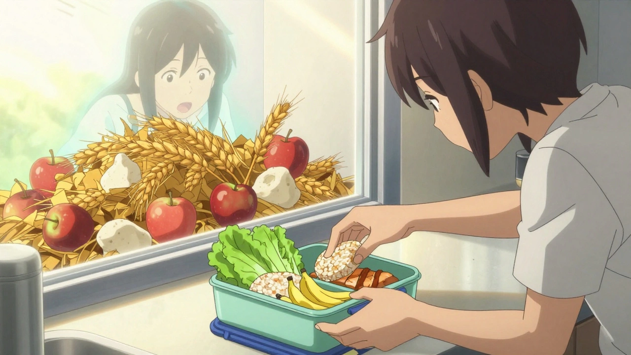 Person packing low-FODMAP lunch while ghostly trigger foods fade behind them.