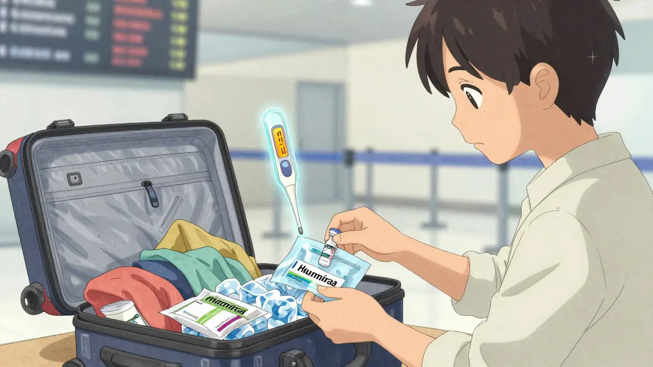 Person packing medication into a travel cooler with a floating thermometer warning of unsafe heat exposure.