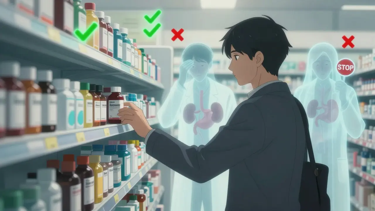 Person reaching for painkillers at pharmacy while ghostly medical warnings appear behind them.