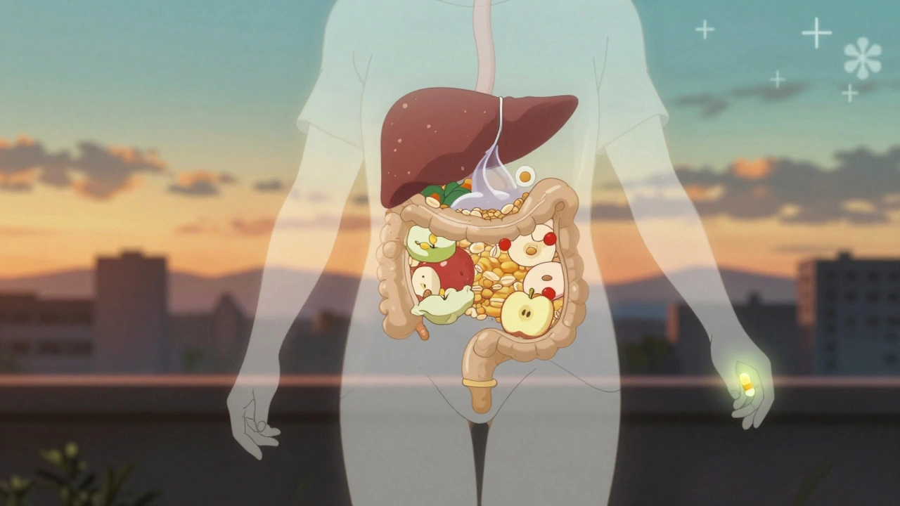 Person walking at sunset with translucent body showing healing gut and liver