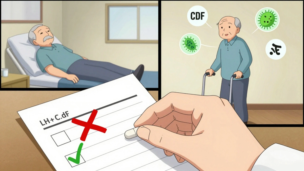 Pharmacist crossing out an unnecessary pill and replacing it with a safer option, with health outcomes shown visually.