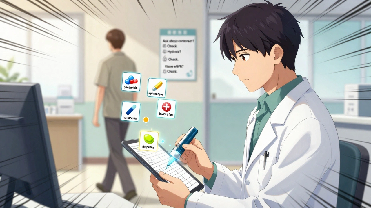 Pharmacist erasing dangerous meds from list, replacing them with safe alternatives and hydration checklist.