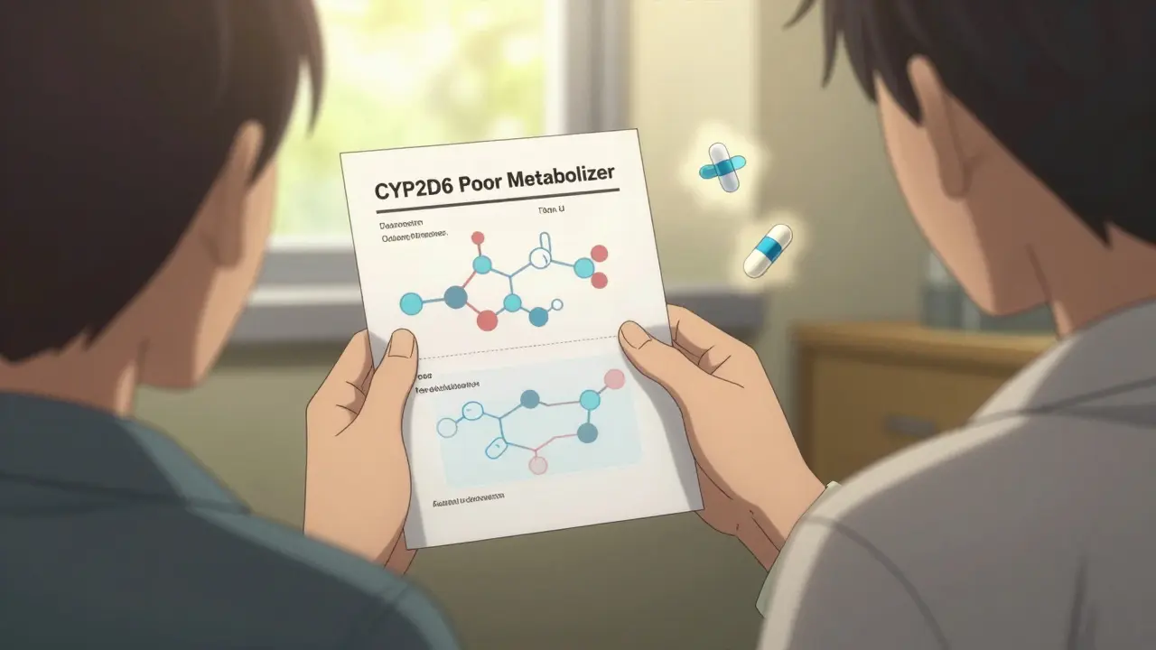 Pharmacist explaining genetic test results with molecular pathways and safer drug options.