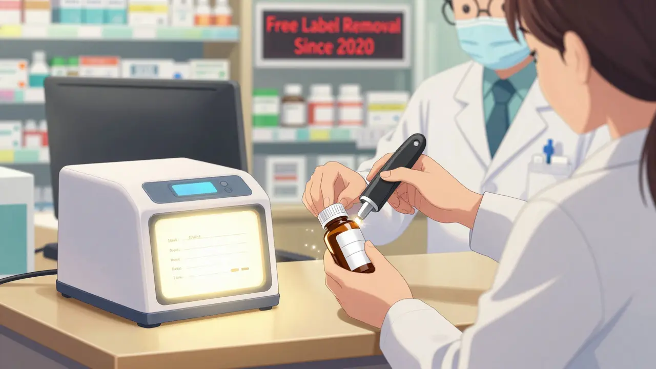 Pharmacist removing a label from a bottle at a free pharmacy station.