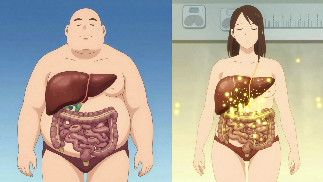 Split image: unhealthy gut and liver vs. restored gut and liver with glowing microbes