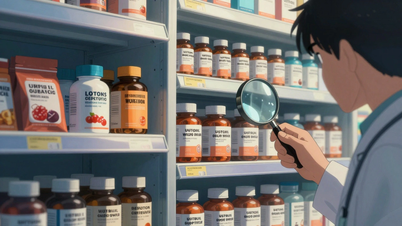 Split scene comparing misleading probiotic supplements with certified, properly labeled ones