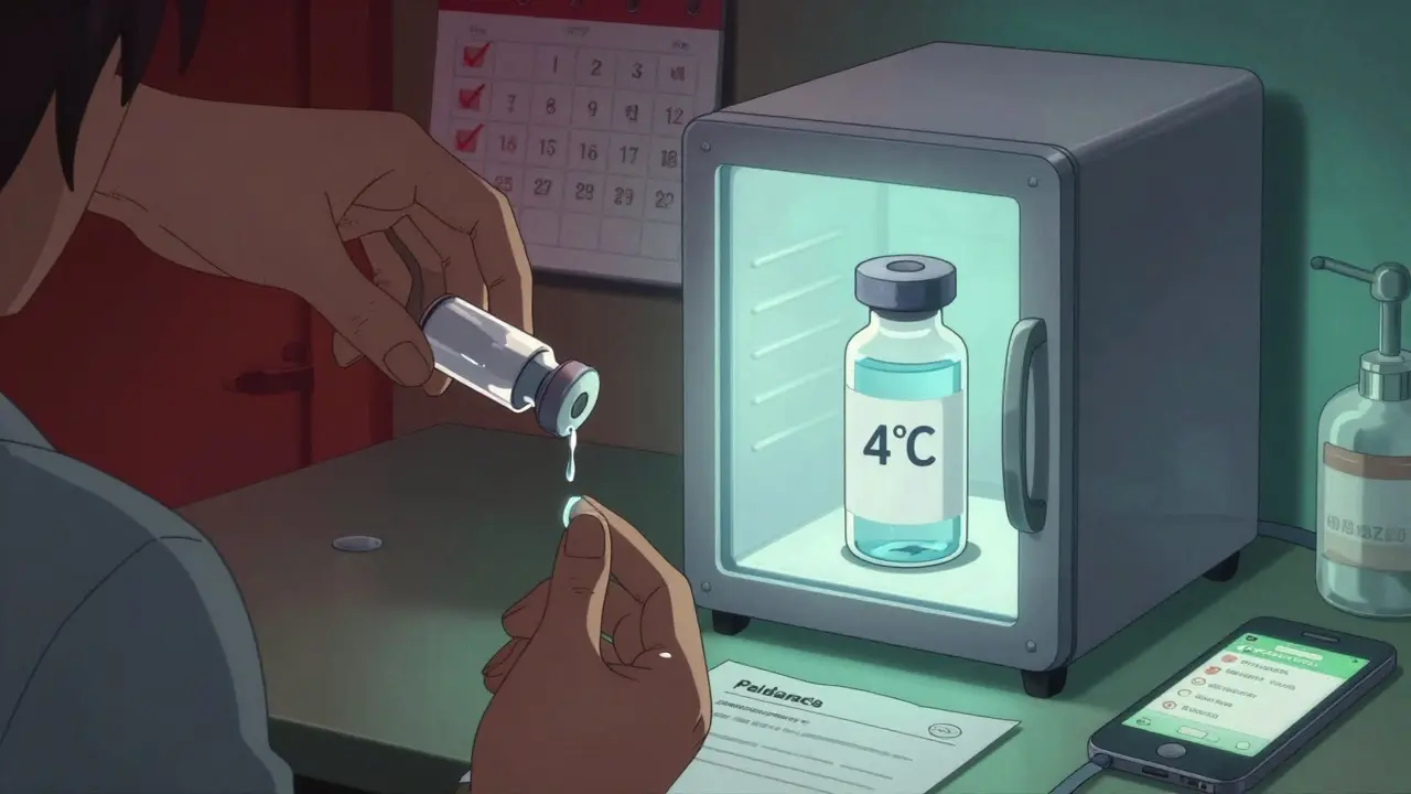 Split scene: discarded frozen insulin vs. properly stored vial in a mini-fridge, with calendar and doctor’s letter.