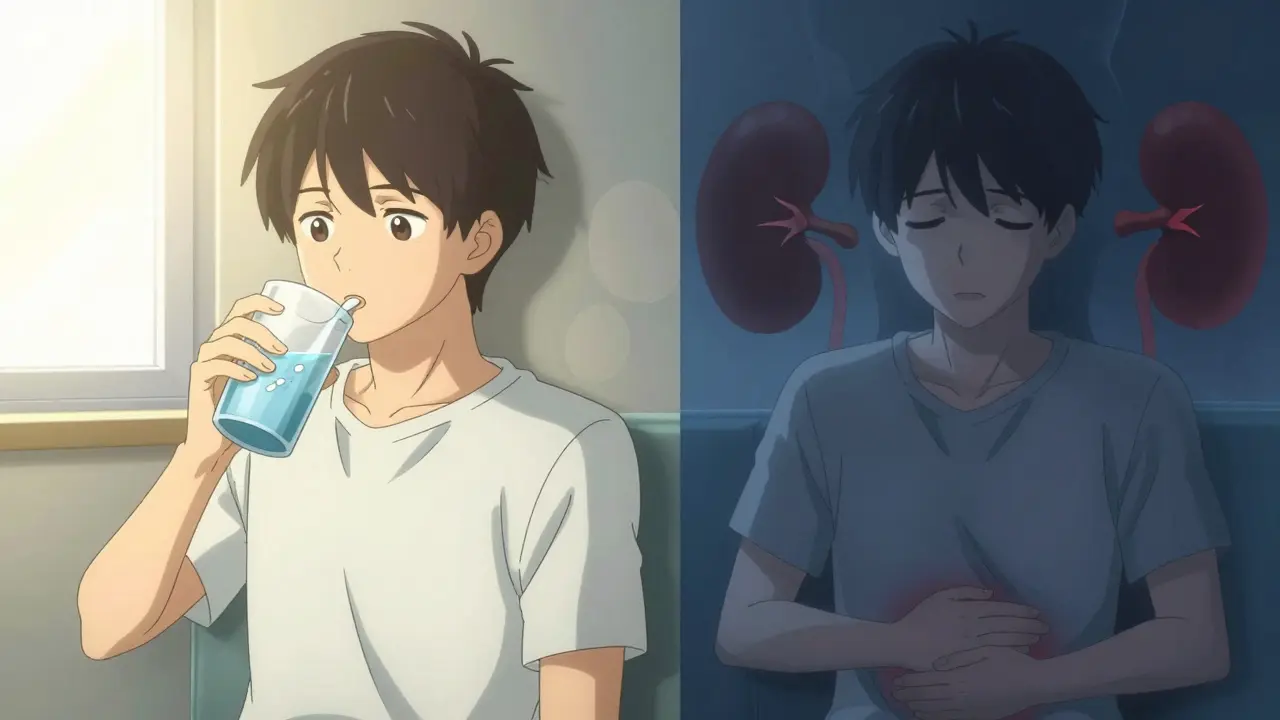 Split scene showing person taking naproxen peacefully, then later in pain with shadowy organ damage behind them.