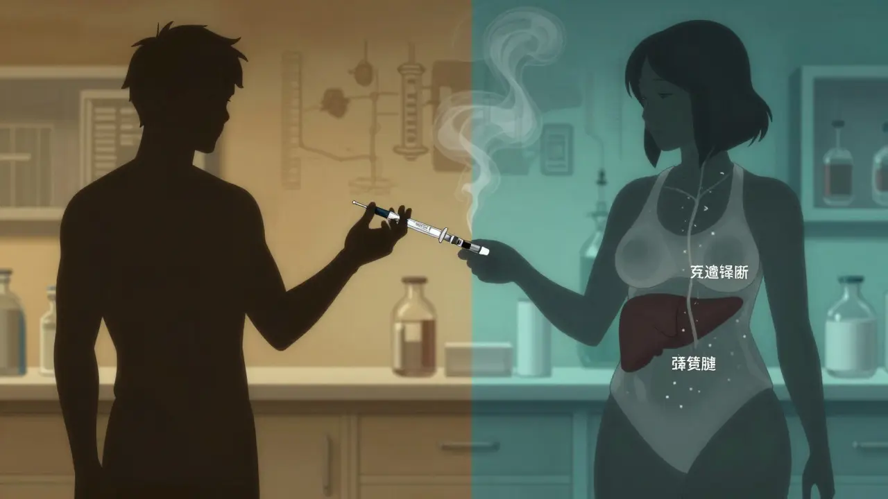 Split-screen comparison of how a drug metabolizes differently in male and female bodies.
