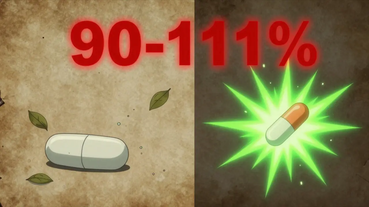 Split-screen of slow-release vs. fast-release pills with a 90-111% range indicator for narrow-therapeutic drugs.