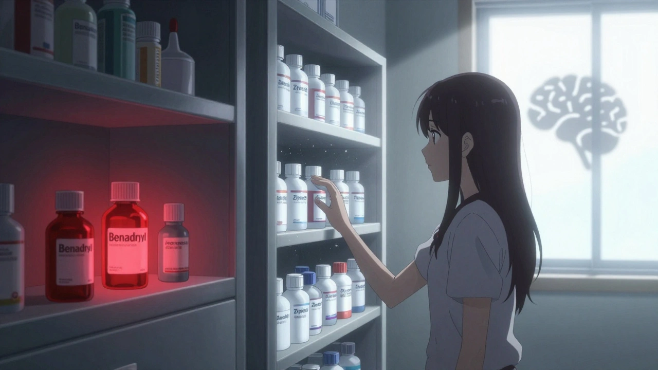 Split shelf: old antihistamines glowing red vs. new ones shining white, woman reaching for safer option.