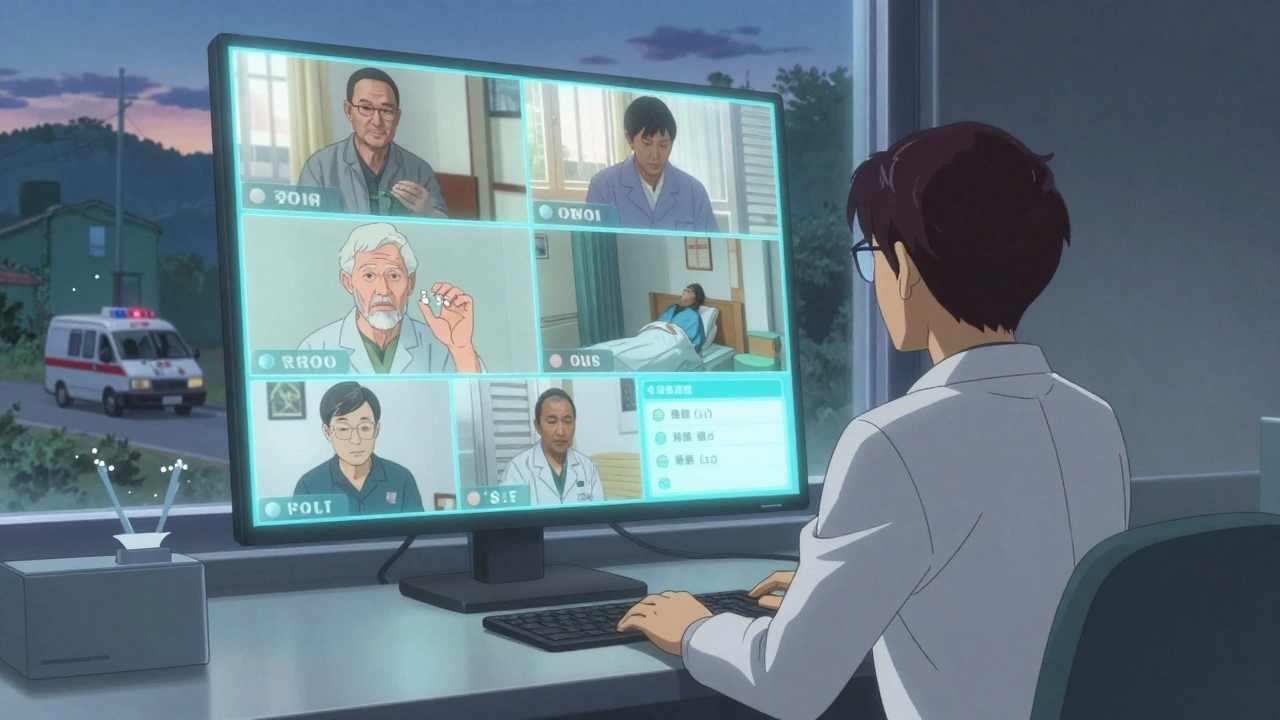 Telepharmacist remotely guiding care for rural patients via video screens, improving medication safety.