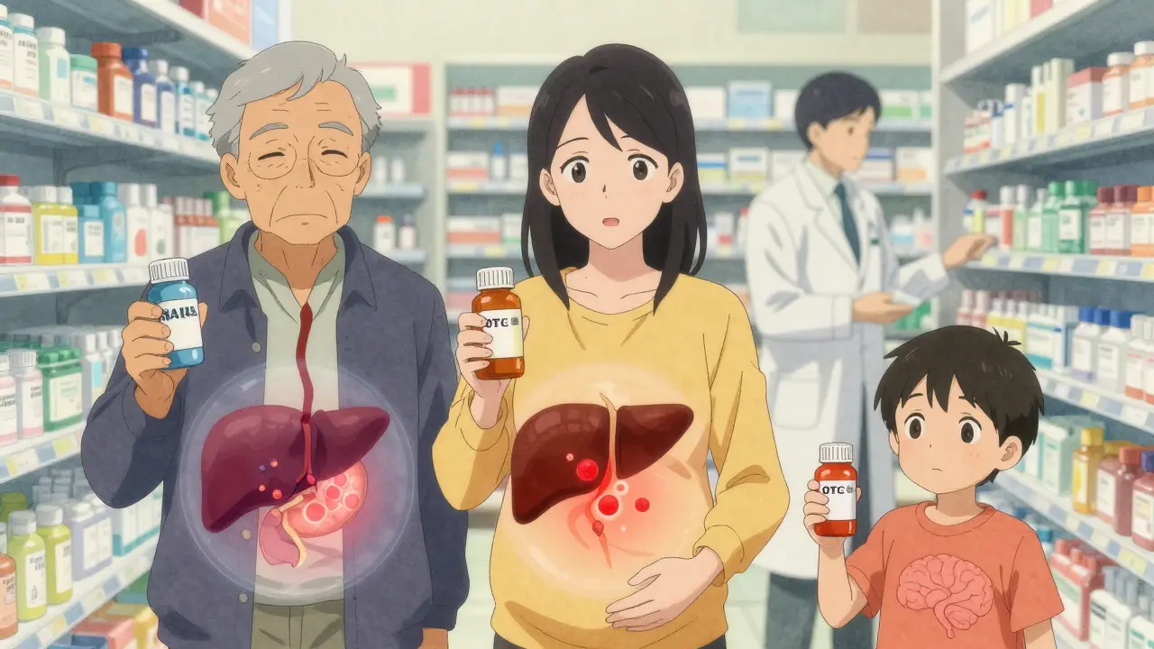 Three people with internal body effects shown transparently, each holding an OTC med, with a pharmacist nearby.