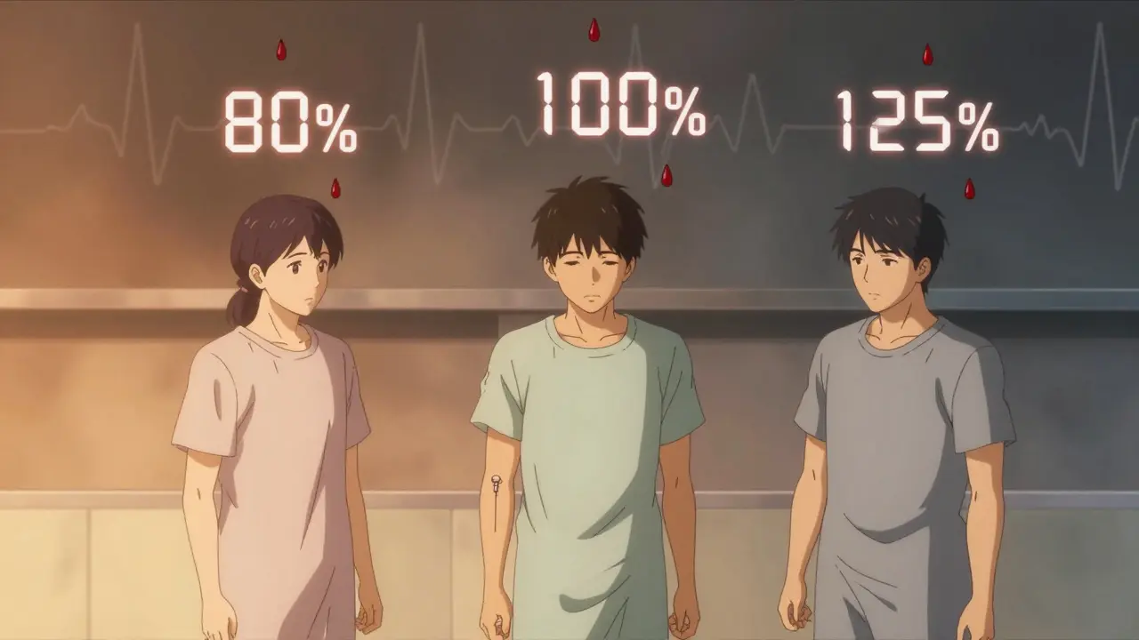 Three volunteers in a lab with floating blood droplets displaying bioequivalence percentages.