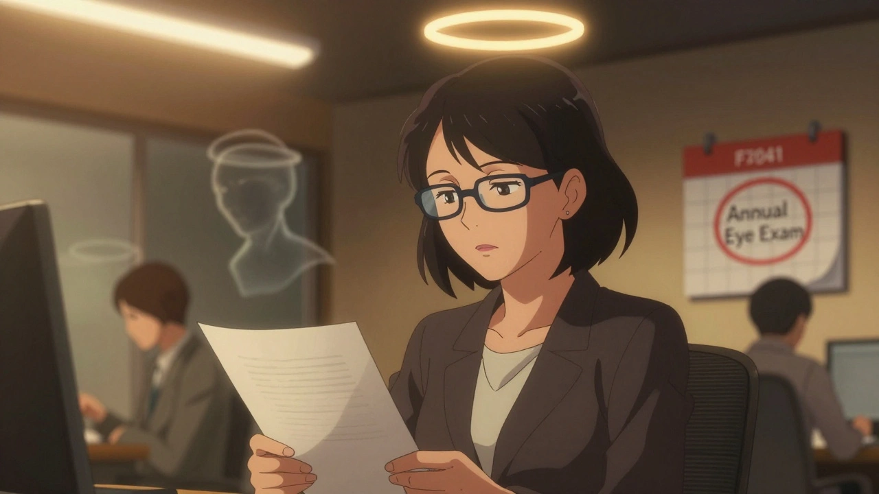 Woman in office wearing tinted glasses under warm lights, ghostly halos fading behind her, calm and alert.