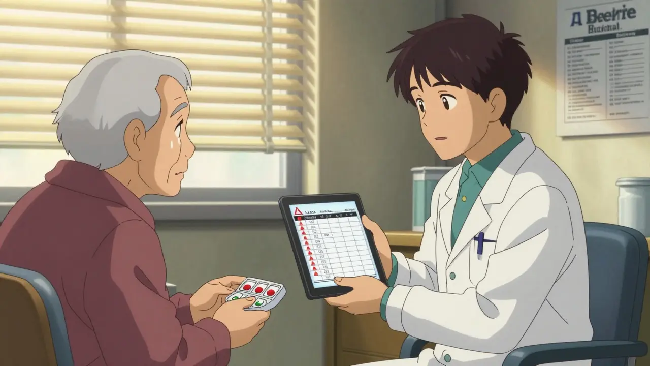 A doctor and elderly patient reviewing a low-dose medication plan in a bright clinic room.