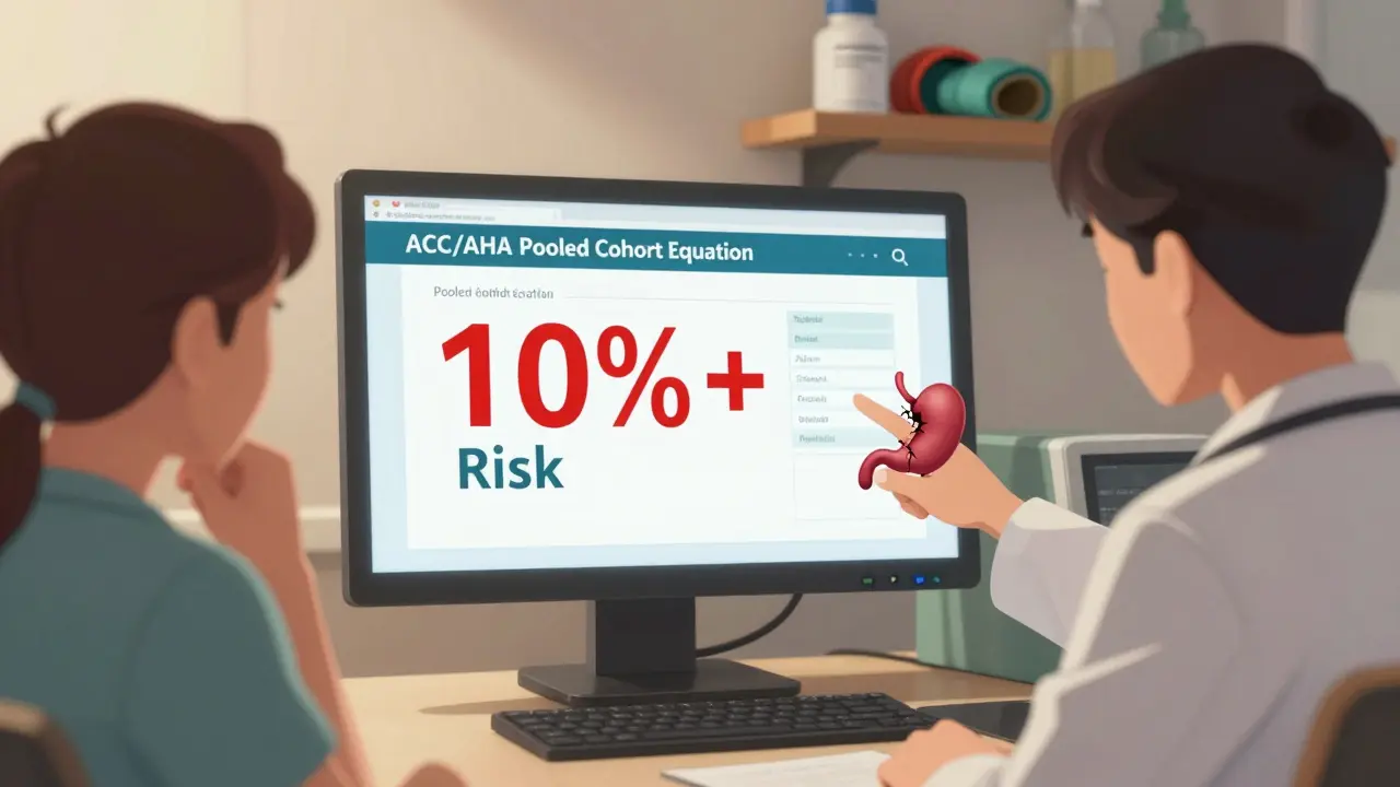 A doctor explaining heart disease risk calculation using a digital tool with a patient.
