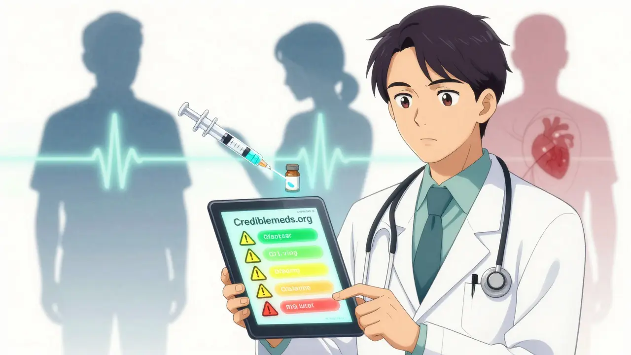 A doctor reviewing drug risk categories on a tablet with patient silhouettes in the background.