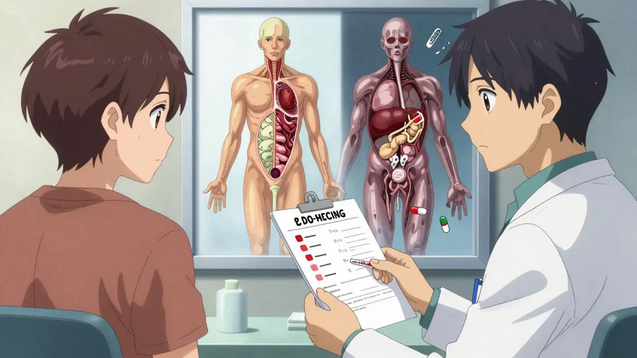 A doctor shows a patient a blood test, with a surreal split-image of healthy vs. damaged body.