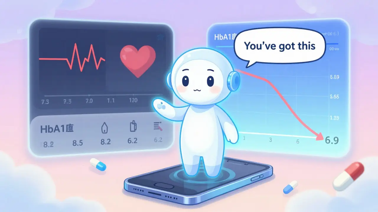 A glowing AI coach avatar gently reminds a user to take their medication, with health data graphs floating nearby in a dreamy digital space.