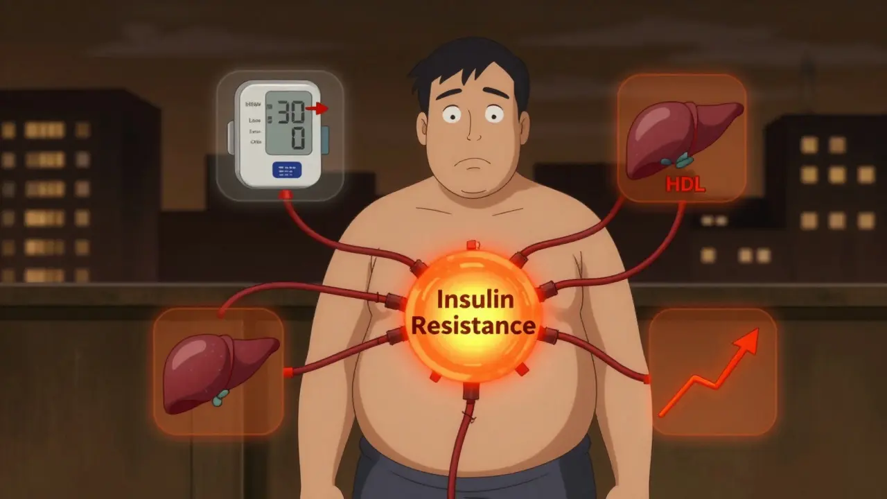 A man surrounded by metabolic syndrome warning signs linked to insulin resistance.