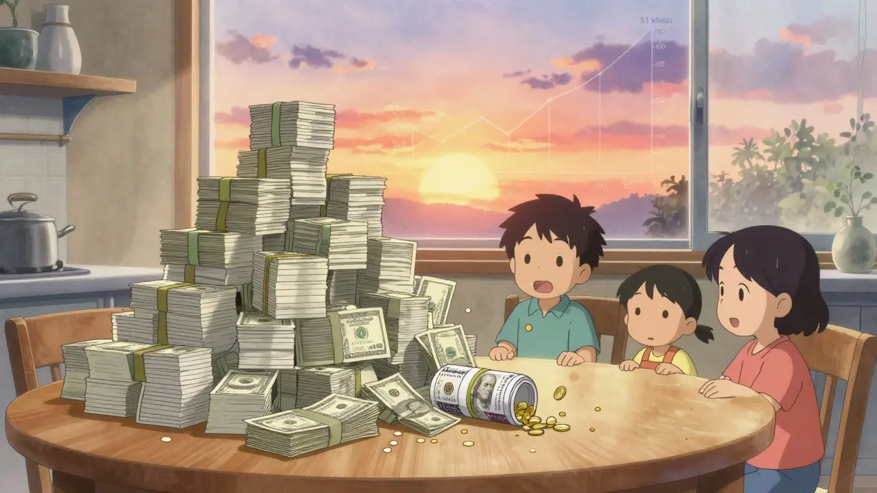 A monthly drug bill turns to confetti as a combo pill rolls across the table.