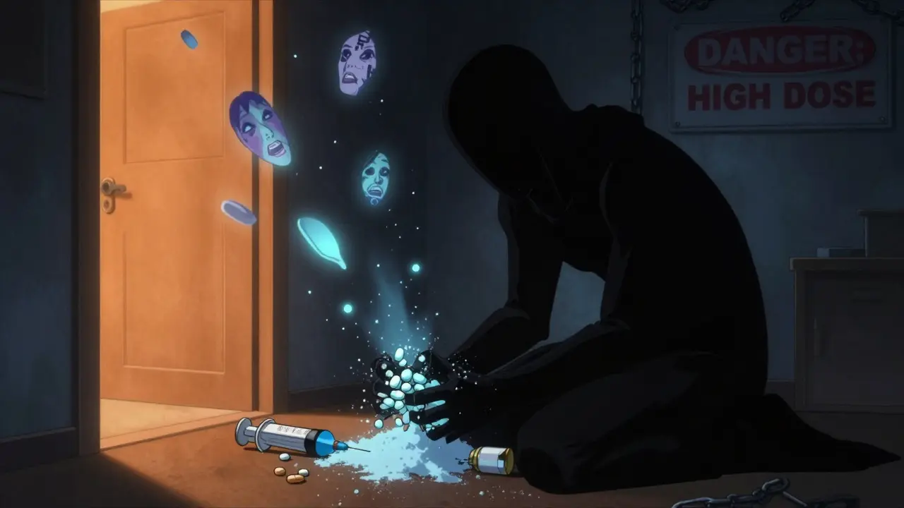A person crushing pills in darkness, with hallucinatory visions and warning symbols surrounding them.