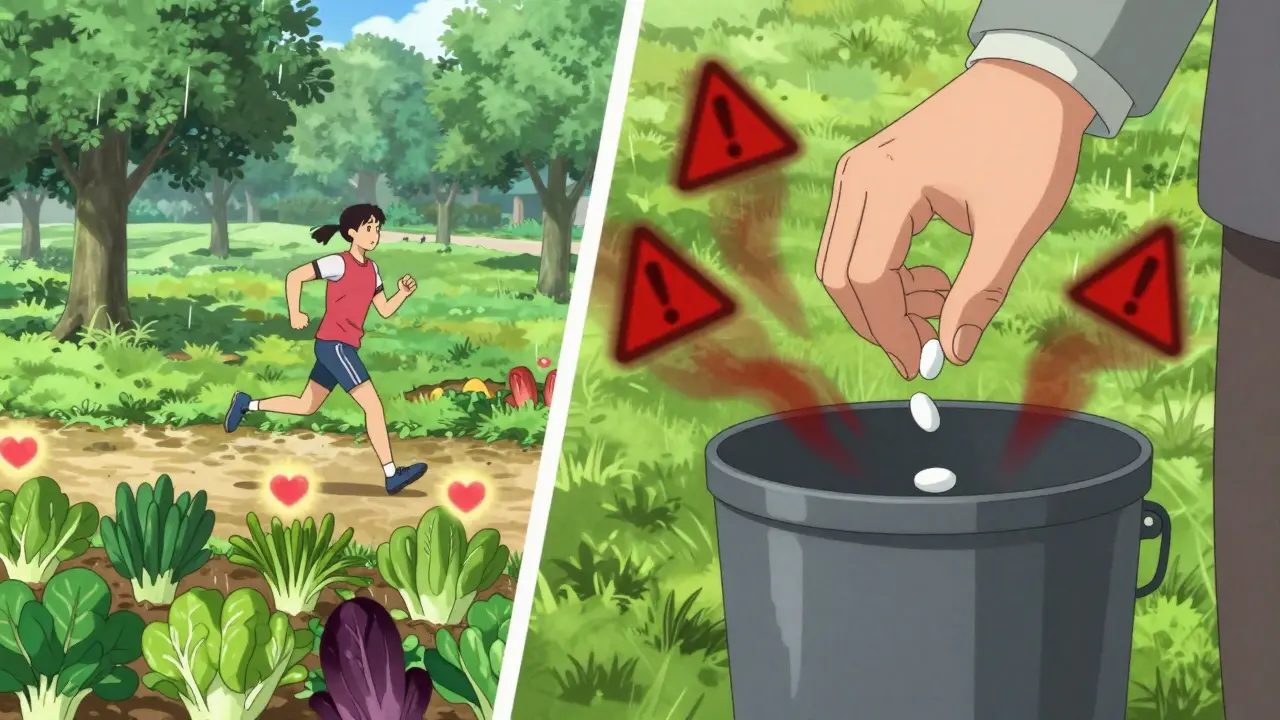 A person jogging healthily while discarding aspirin pills, symbolizing better prevention.