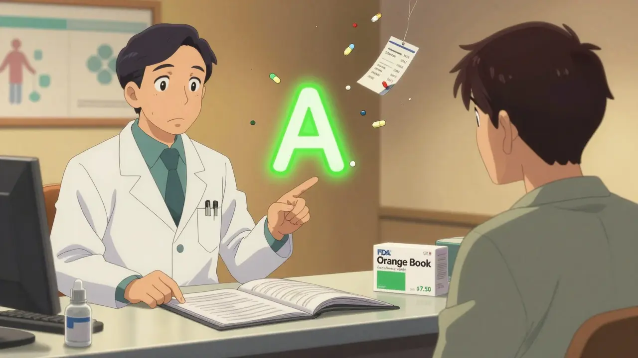 A pharmacist shows interchangeable generic options from the FDA Orange Book.