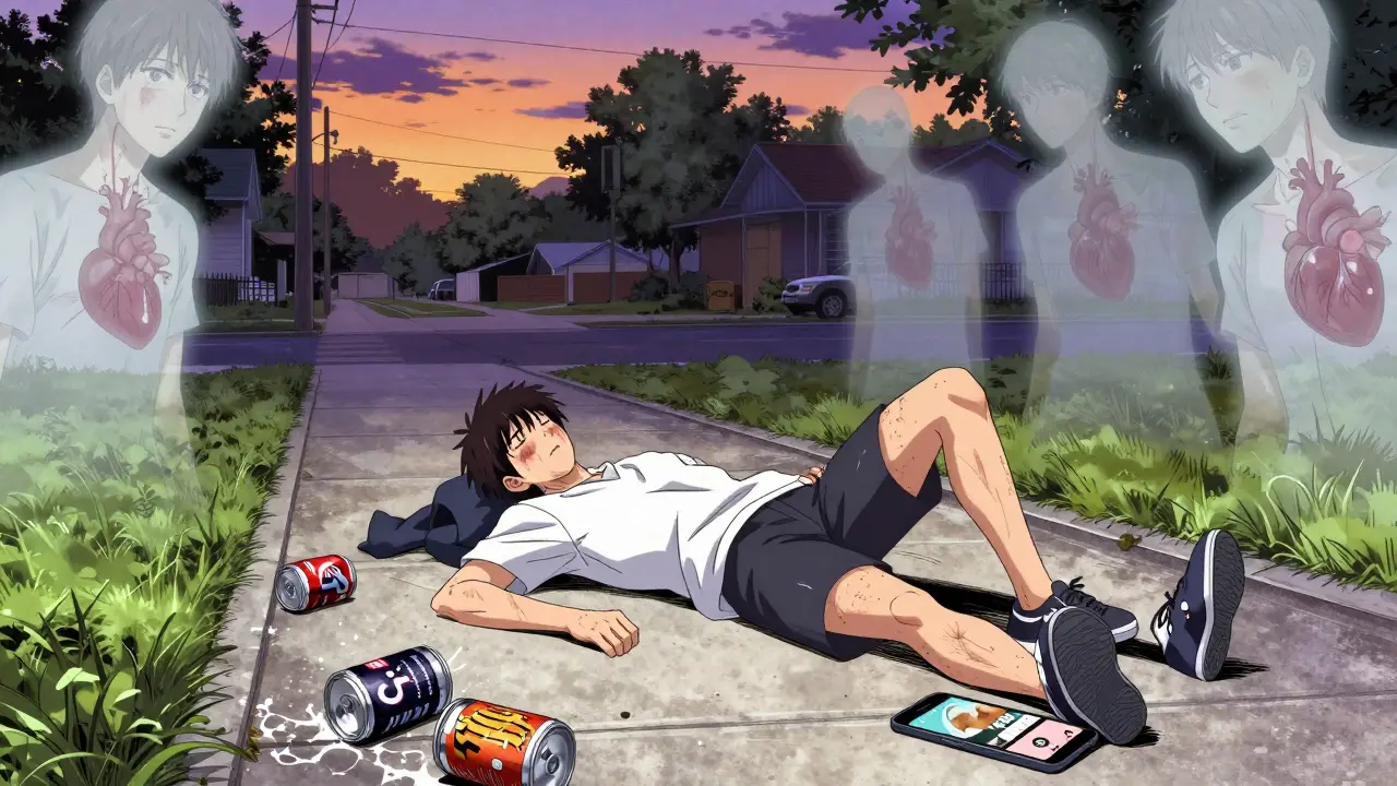 A teen collapses during a run, surrounded by energy drink cans and a glowing TikTok screen.