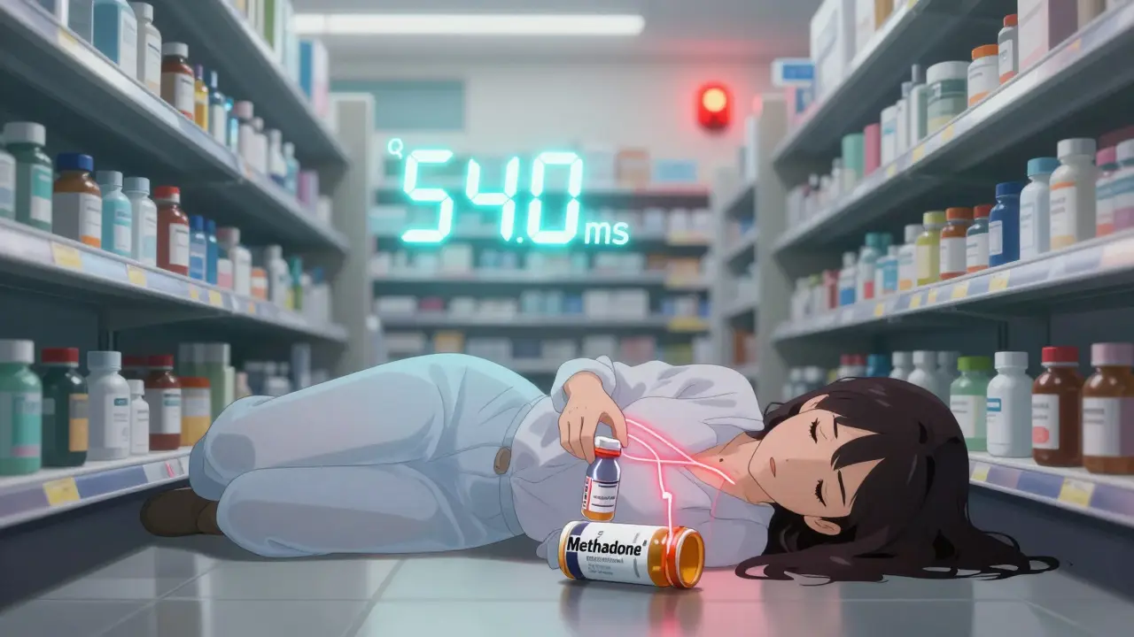 A woman collapsing in a pharmacy as QT-prolonging drugs spill from her hands.