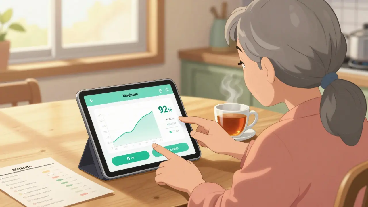 An elderly woman and her daughter use a tablet together to view a medication adherence dashboard in a sunlit kitchen.