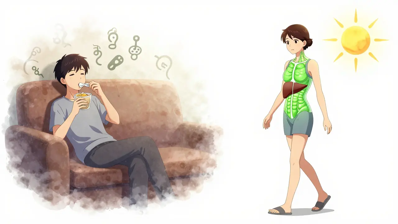 Before and after: person transforming from sedentary to active with improved metabolism.