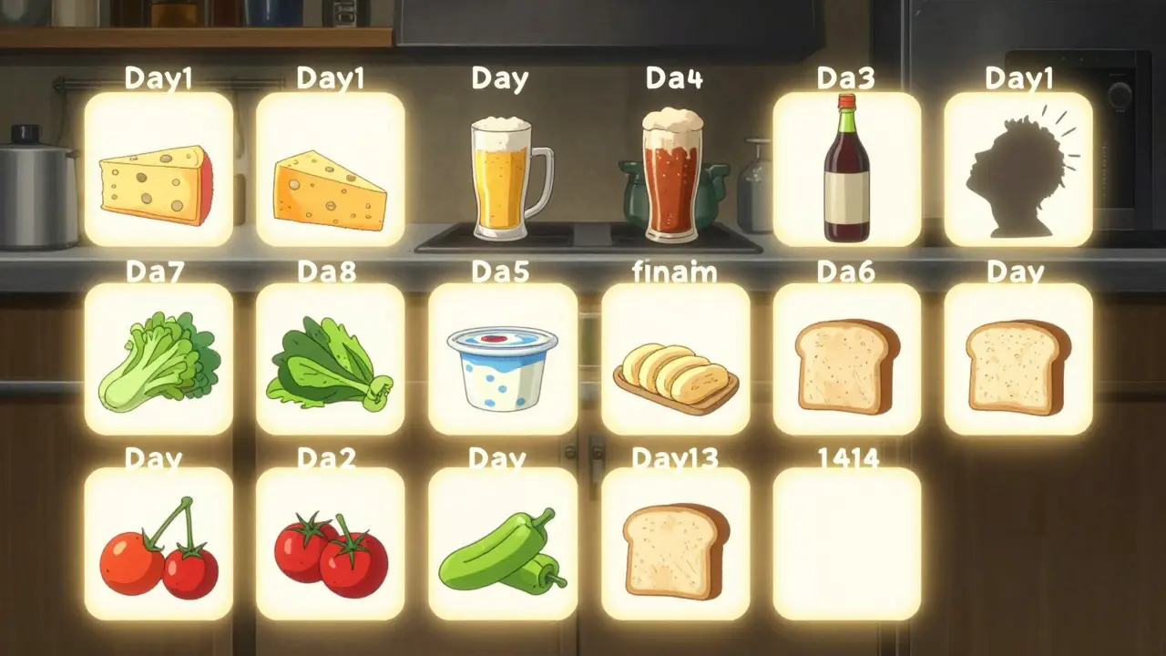Calendar counting down 14 days as dangerous foods disappear, leaving only fresh, safe items on the counter.