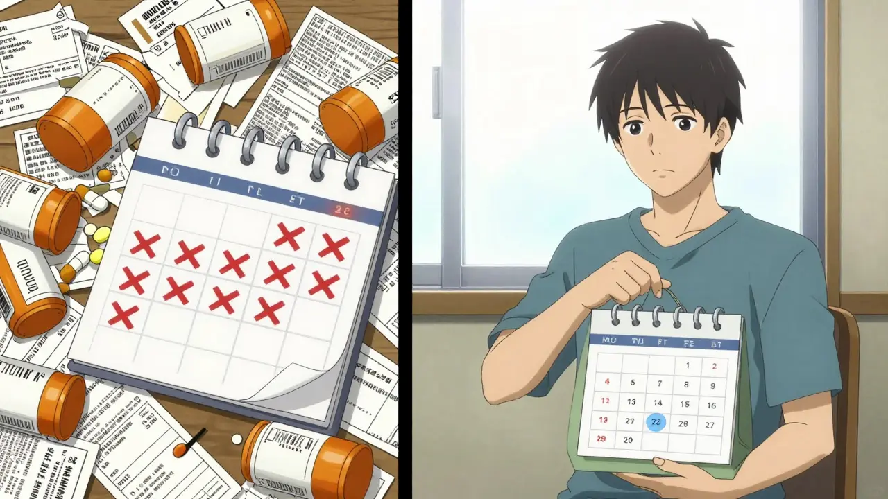 Contrasting scenes of medication chaos versus organized sync with one monthly pick-up date.