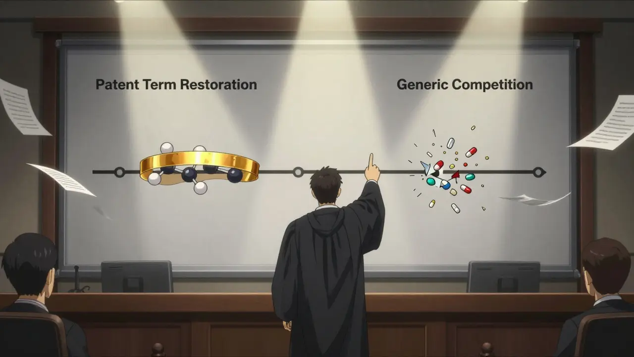 Courtroom scene with a golden patent extension timeline vs. shattered generic pills under spotlight.