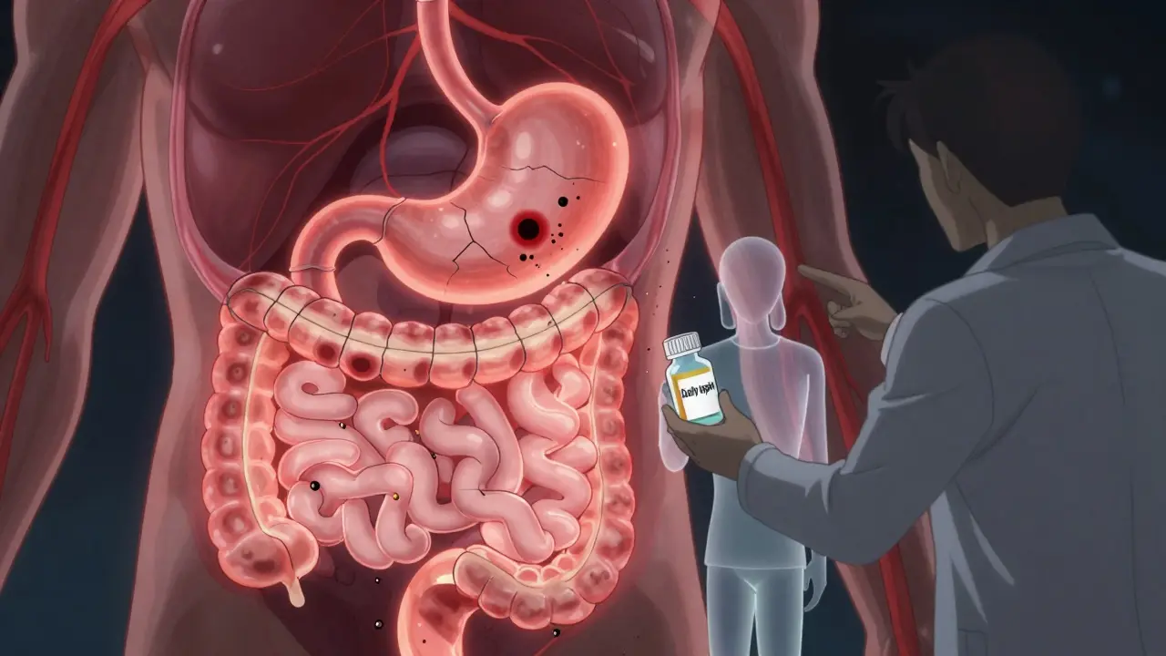 Cross-section of the digestive tract with glowing ulcers and bleeding veins caused by NSAID damage.