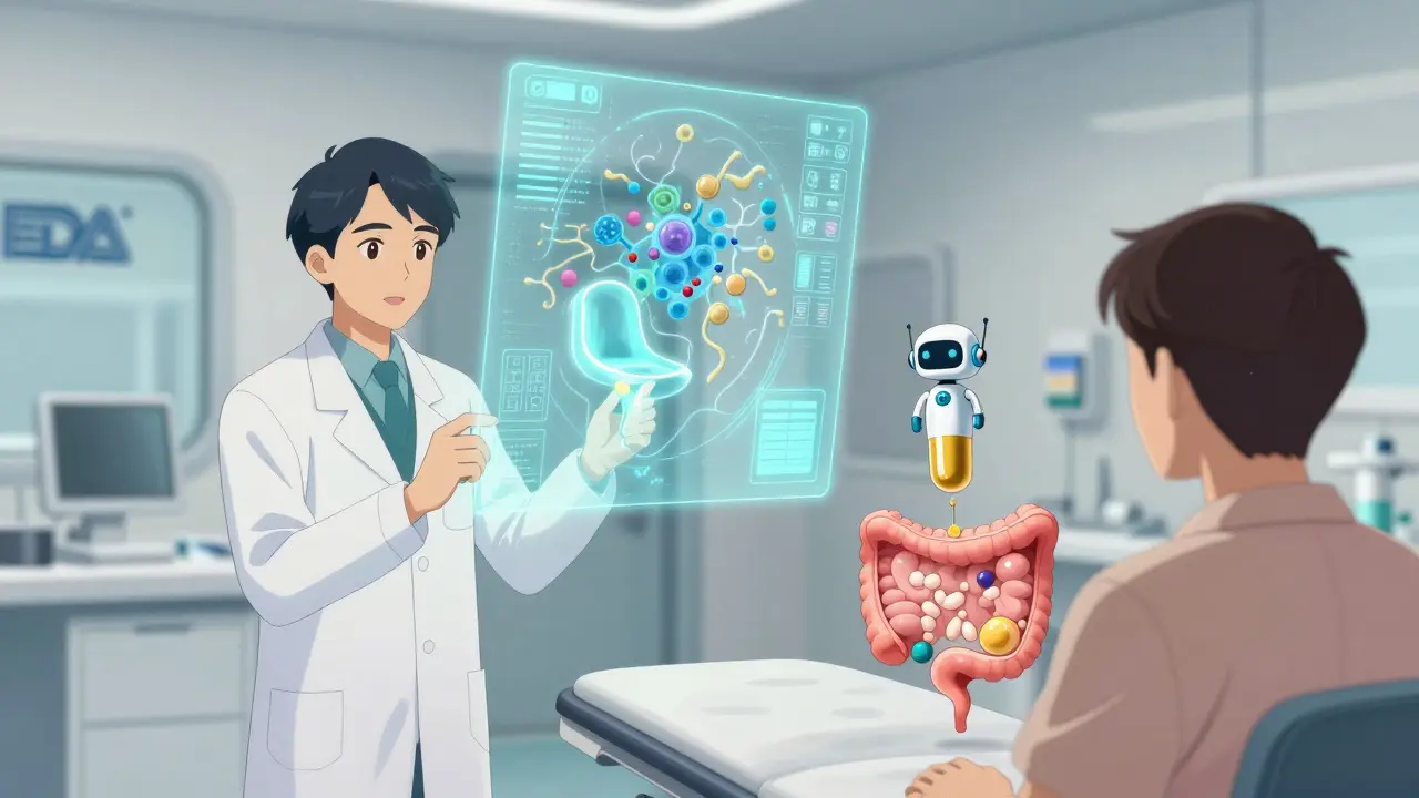Doctor scanning a stool sample with a holographic microbiome map in a futuristic clinic