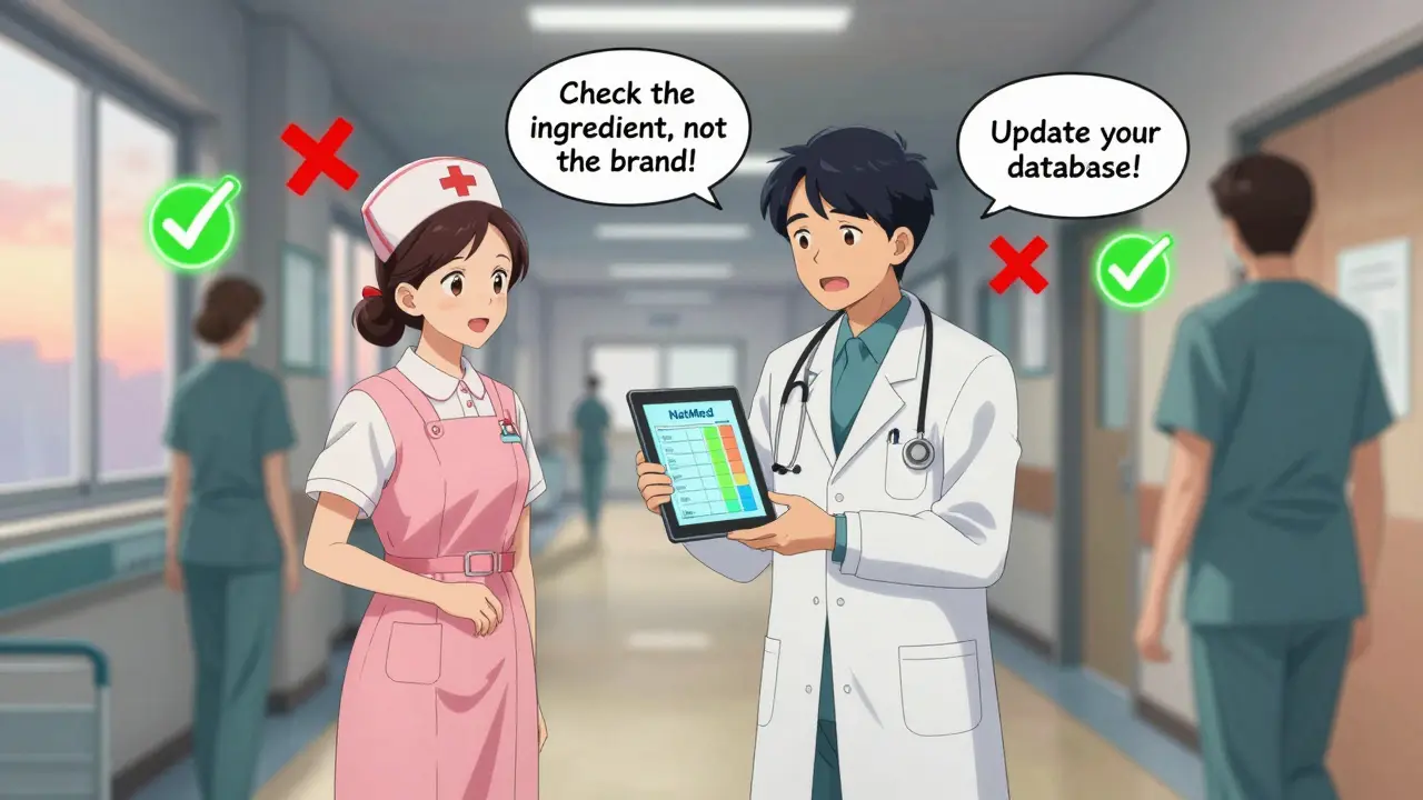 Doctor training nurse using a tablet showing supplement interaction severity ratings.