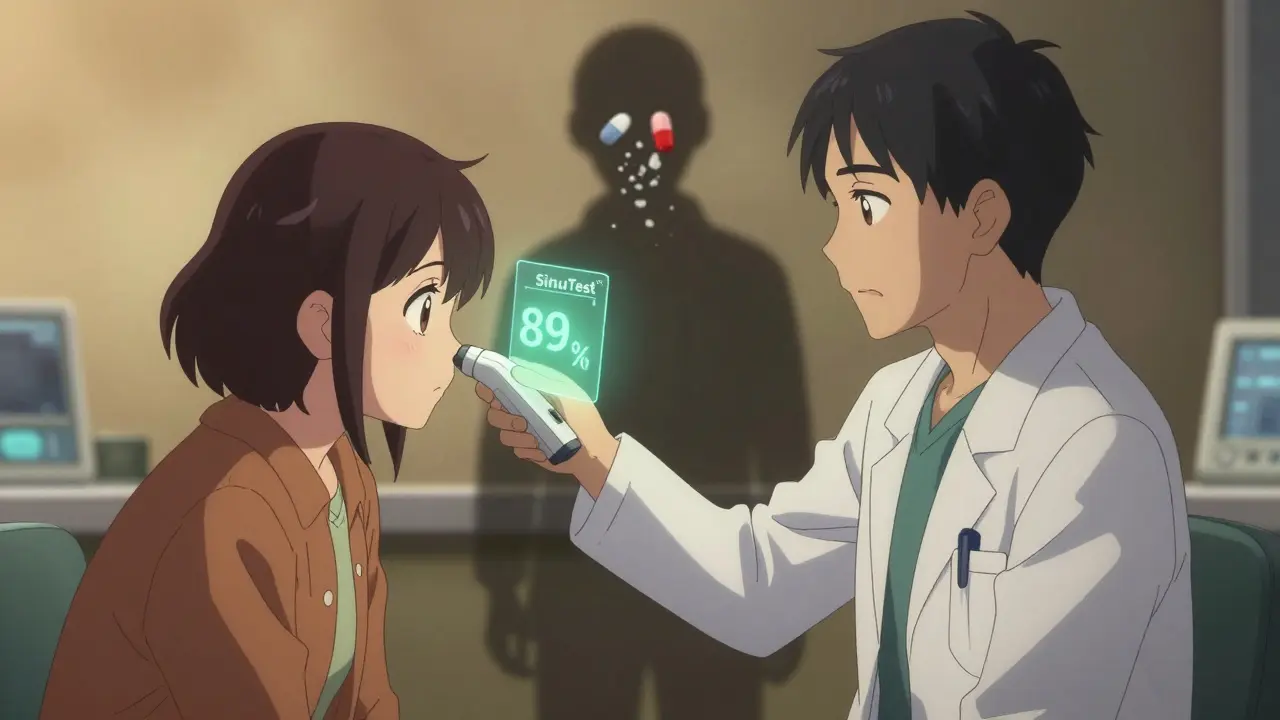 Doctor using SinuTest™ device on patient's nose, antibiotic pill crumbling to dust, soft green diagnostic light glowing.