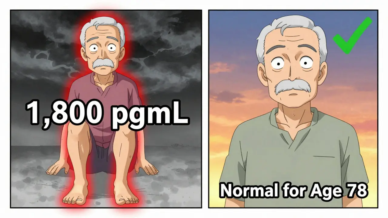 Elderly man with swollen ankles, split between high NT-proBNP warning and normal-for-age relief.