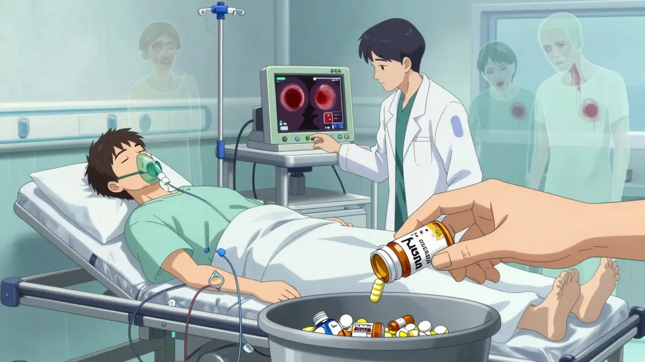 Emergency room scene with a patient being treated for NSAID-induced GI bleeding, doctor holding an endoscopy screen.