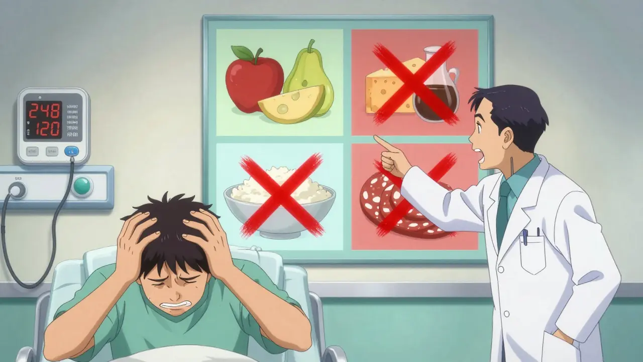 ER scene with high blood pressure monitor and poster showing safe vs. dangerous foods during linezolid treatment.