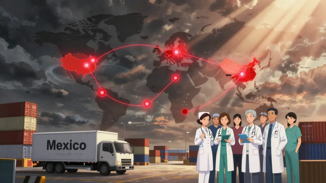 Global supply chain map with red bottlenecks, a truck from Mexico delivers to a hospital warehouse.